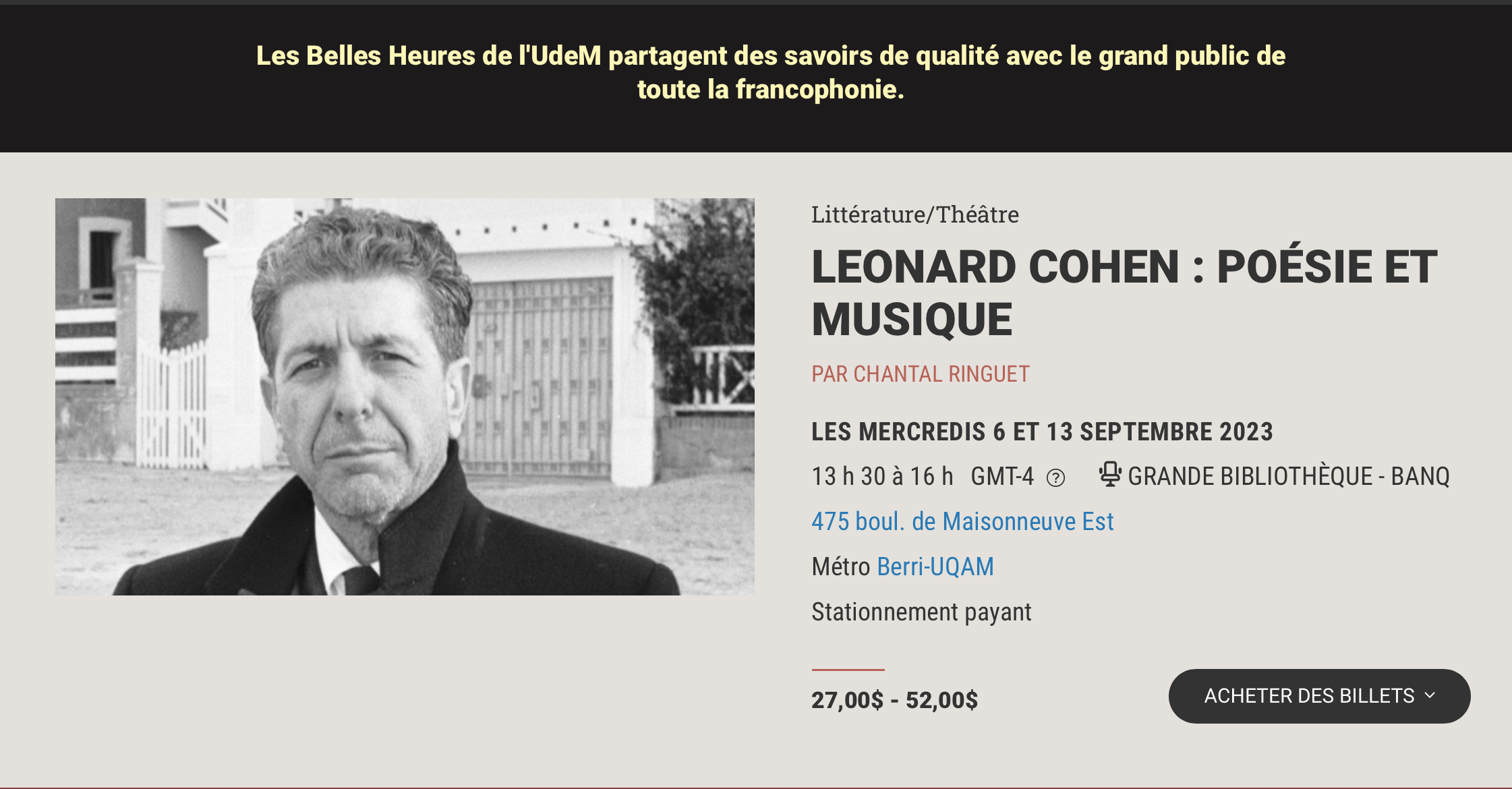 Conférence sur Leonard Cohen, Les Belles Heures, Université de Montréal
